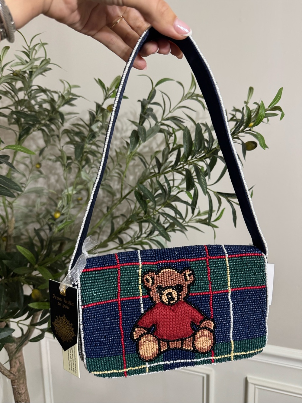 MADE IN INDIA beaded plaid teddy bear flap shoulder bag